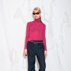 Vintage Y2K Benetton Top in Pink Mesh - 2000s Turtleneck Long Sleeve Blouse - Y2K Vintage Fashion - Size M