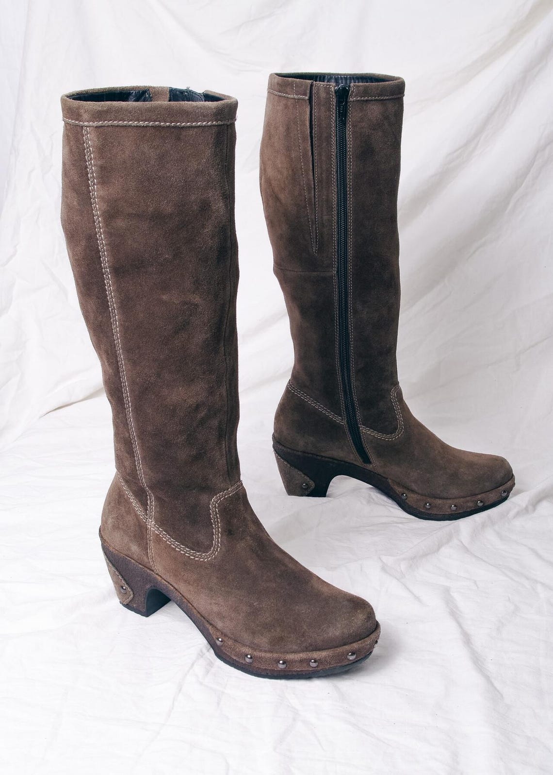 Vintage Y2K Gabor Brown Leather Clog Boots - Knee High Western Platform Shoes - Size 38, foto 3 di 5