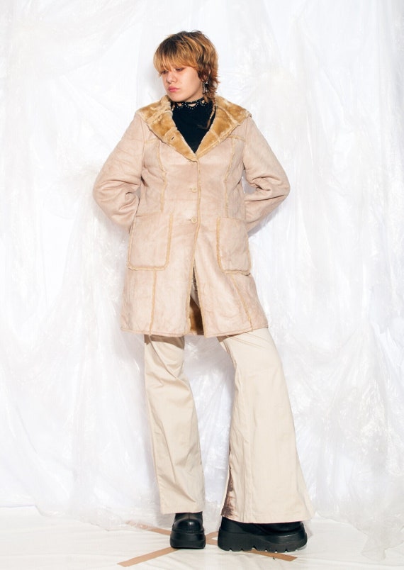 Vintage Y2K Hooded Coat in Beige Faux Shearling 2… - image 1