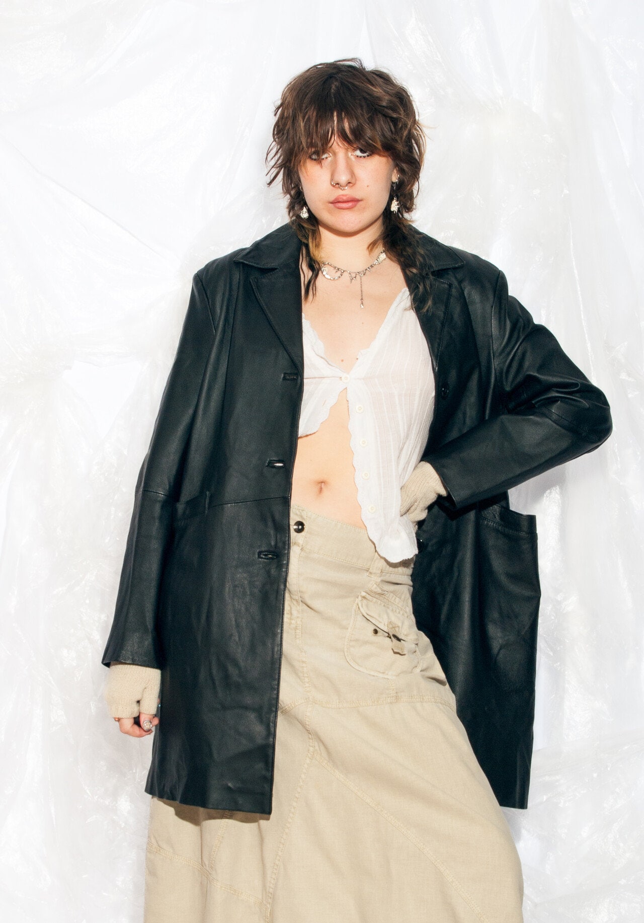 Vintage Y2K Leather Coat in Black Matrix Style 2000s Real