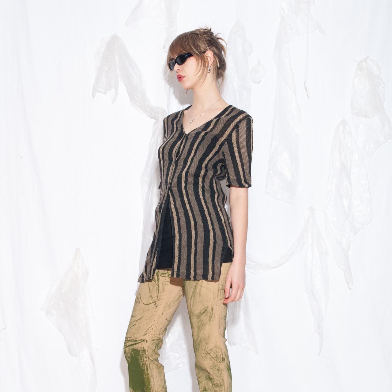 Vintage 80s Linen Shirt in Black Green StripeD - 1980s Whimsigoth Short Sleeved Top - Retro Style Blouse - Size M