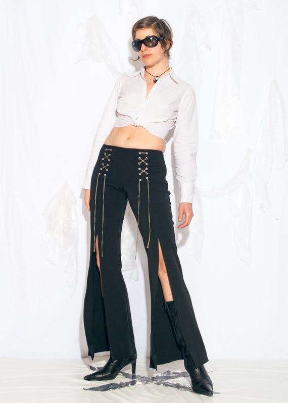 Vintage Y2K Slit Leg Flare Trousers With Lace up Details - 2000s