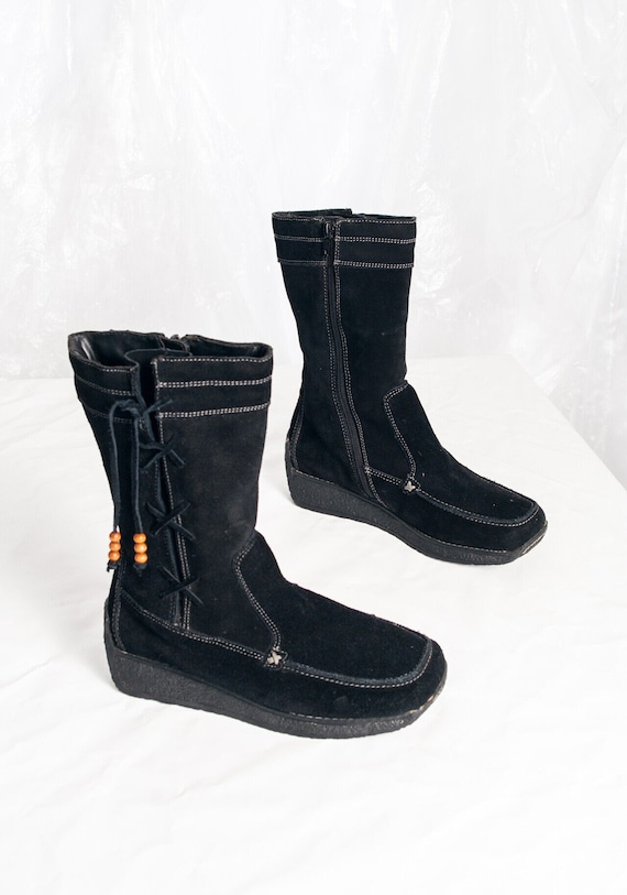Vintage Y2K Platform Boots in Black Leather 2000s Chunky Sole Goth