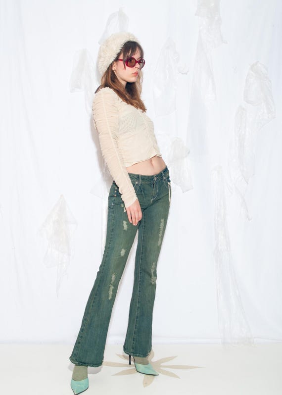 Upcycled 2000s Green Flared Jeans - Low Rise Bootcut Pants