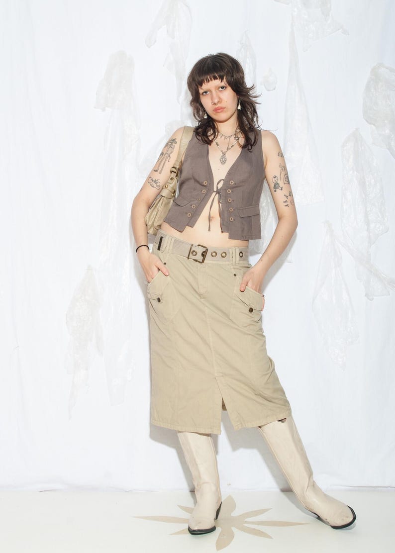 Spódnica cargo vintage Y2K z beżowej bawełny – kowbojski krój midi z kieszeniami w stylu techno z lat 2000. – Gorpcore Aesthetic Apparel – rozmiar XL zdjęcie 8