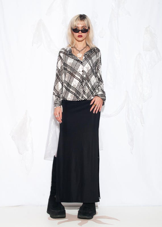 Vintage 90s Shirt in Silver Velvet 1990s Grunge Oversized Blouse