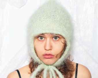 Handmade Baby Bonnet Hood in Green Mohair Hand Knitted Fluffy Vintage Yarn Mohair Hat Fairycore Beanie