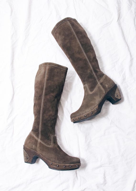 Vintage Y2K Gabor Brown Leather Clog Boots - Knee High Western Platform Shoes - Size 38