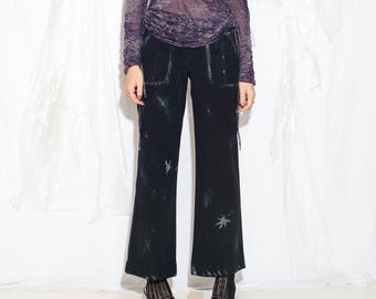 Reworked Vintage Y2K Hand Painted Flare Pants in Black - 2000s Low Rise Wide Leg Trousers - Y2K Vintage Fashion - Size M