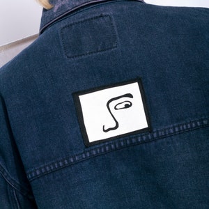 Reworked vintage overdyed denim jacket w weird face patch 90s jean jacket Oversized denim coat image 2