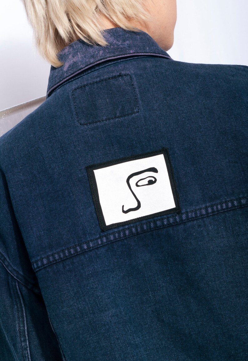 Reworked vintage overdyed denim jacket w weird face patch 90s jean jacket Oversized denim coat image 2