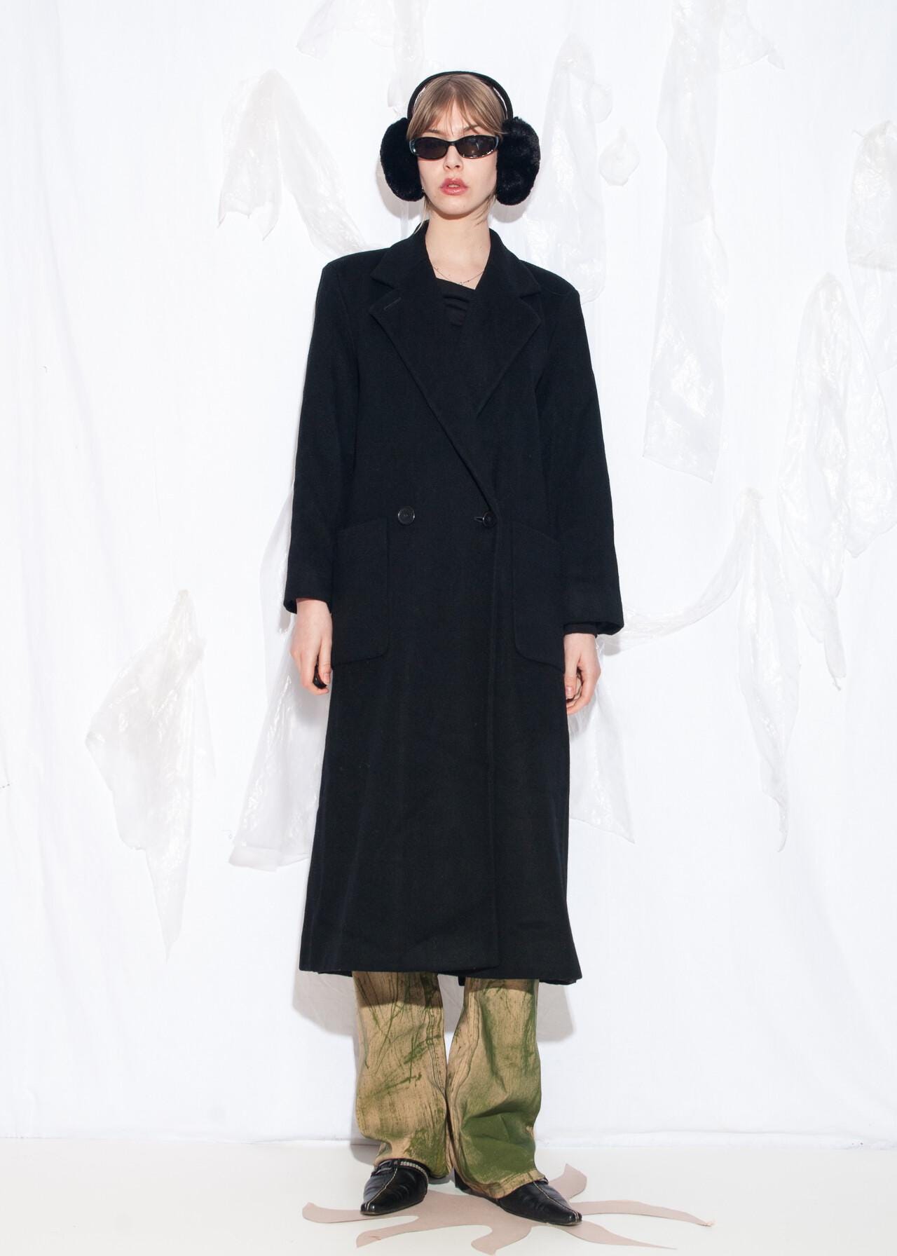 Vintage 90s Perry Ellis Maxi Coat in Black - Long Wool Overcoat