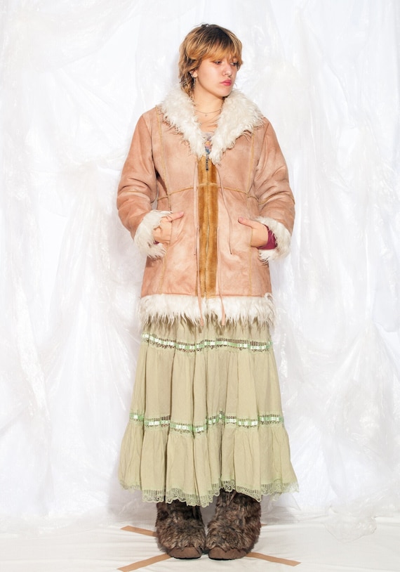Vintage Y2K Coat in Brown Faux Shearling With Faux Fur Collar