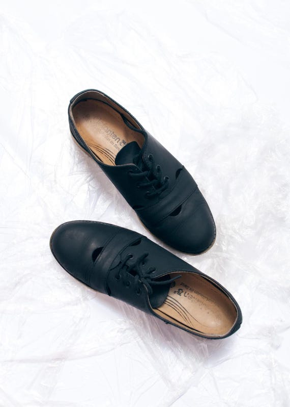 Vintage 80s Black Leather Shoes - 1980s Cut Out Design Footwear