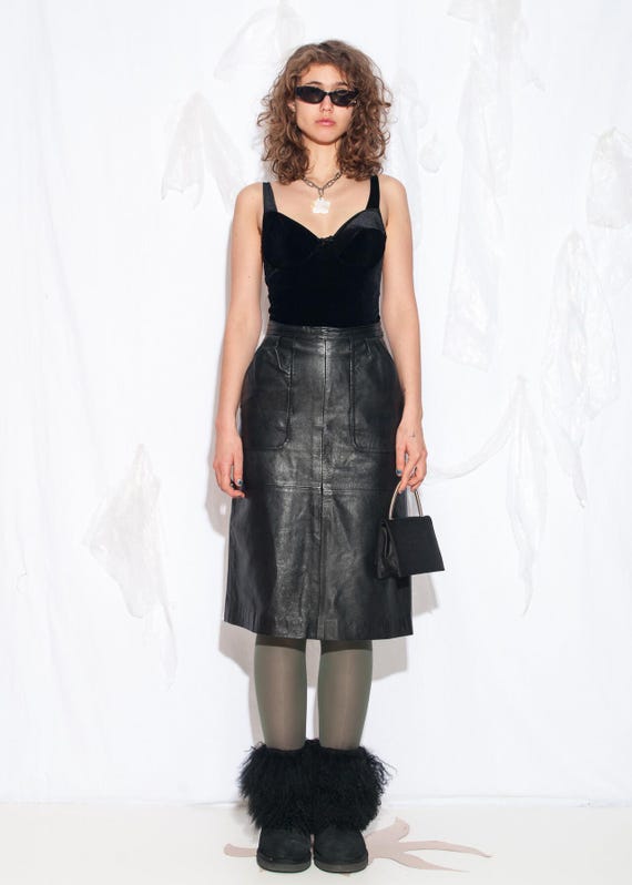 Vintage 80s Leather Midi Skirt in Black 1980s High Waisted Real