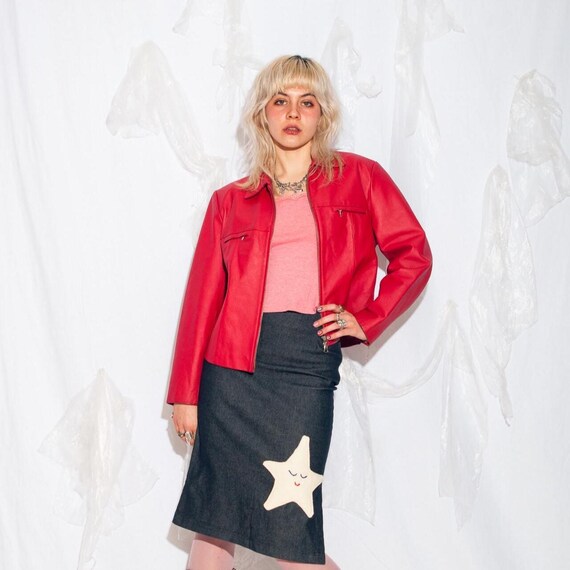 Vintage Y2K Leather Jacket in Red - 2000s Real Leather Fitted Coat