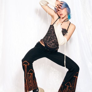 Vintage Flare Trousers Y2K Reworked Mushroom Paint Pants 2000s Fairycore Hand-painted Flares Black Cotton size M image 4