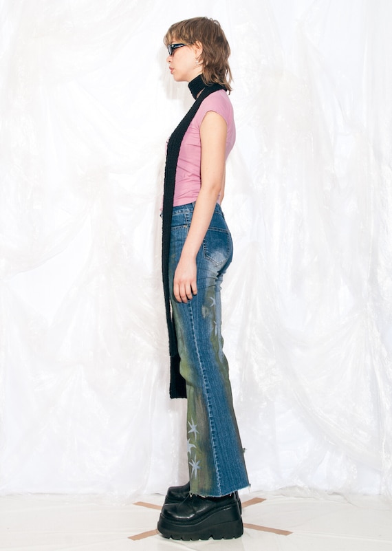 Vintage Y2K Reworked Flare Jeans in Hand Painted Green Star