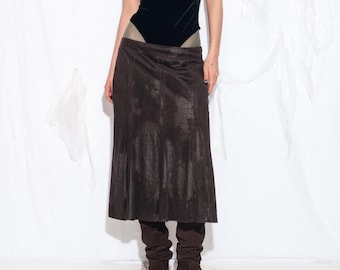 Vintage Y2K Midi Skirt in Brown - 2000s Gerry Weber Low Rise Whimsigoth Style Frilly Skirt - Size XL