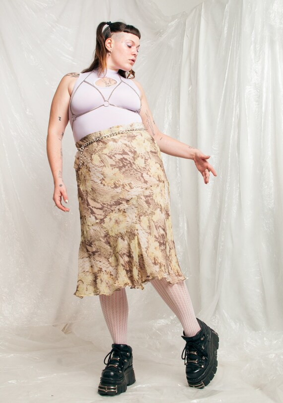 Vintage Skirt Y2K Fairy Midi in Beige Silk 2000s Frilly Sheer