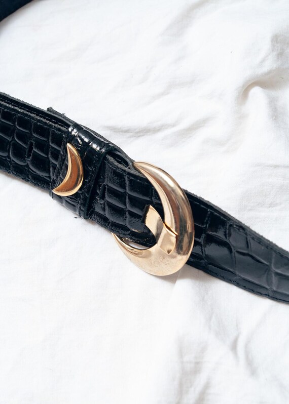 Vintage 80s Black Patent Leather Belt With Shiny Golden Moon  display picture 2