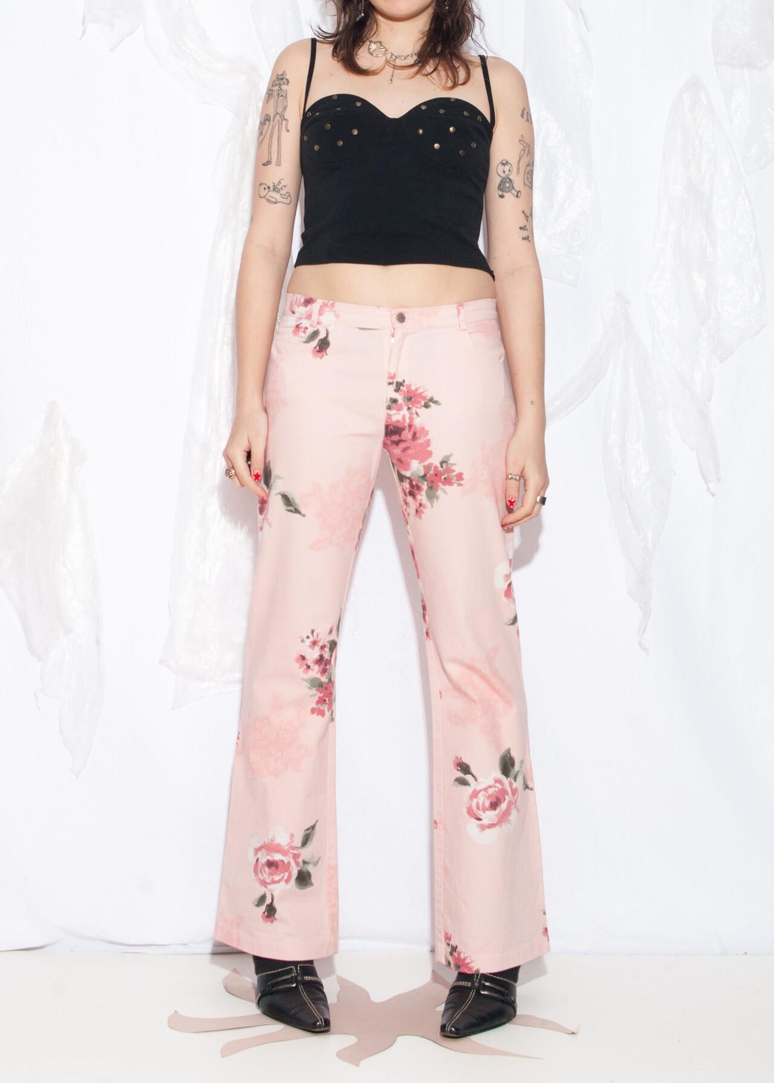 Vintage Y2K Sandro Ferrone Flares in Pink - 2000s Rose Pattern Bootcut ...