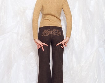 Vintage Y2K Flare Jeans in Brown with Embroidery 2000s Low Rise Flared Pants Small