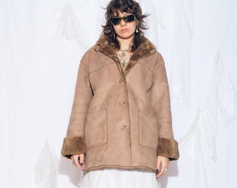 Y2K 2000s Brown Leather & Suede Coat With Fur Hem Details