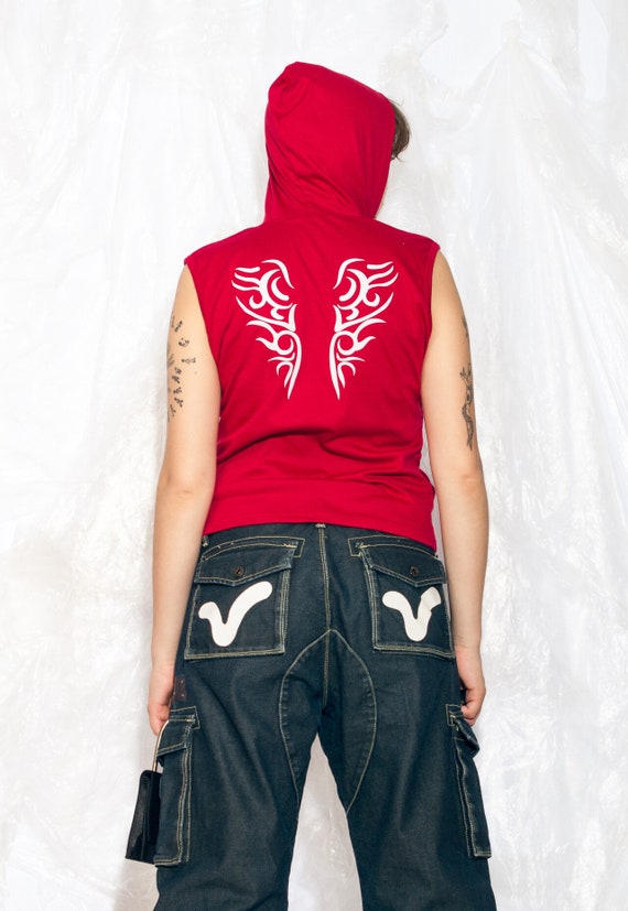 トップス 00s PPFM Hooded riders vest archive Y2K Vintage Y2K Hooded Vest in Red With Tribal Tattoo Pattern 2000s