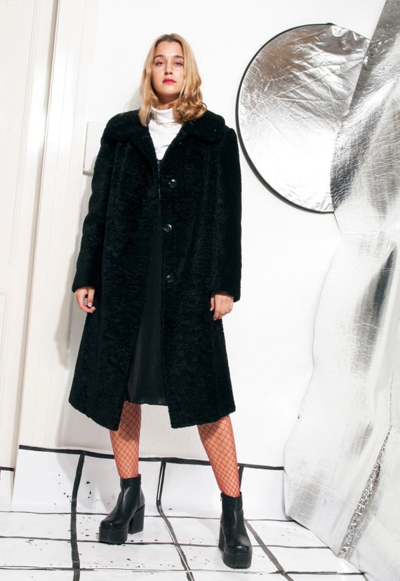 Vintage faux fur coat 80s oversized plush jacket 80/'s vntg black winter coat