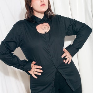 Reworked Shirt Y2K Vintage Cut-out Black Cotton Unisex Top 2000s Upcycled Keyhole Shirt Rave Top