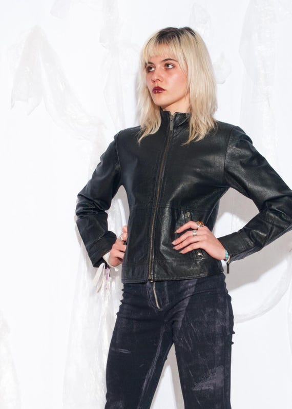 Vintage Y2K Leather Jacket in Black - 2000s Moto Racing Slim Fit