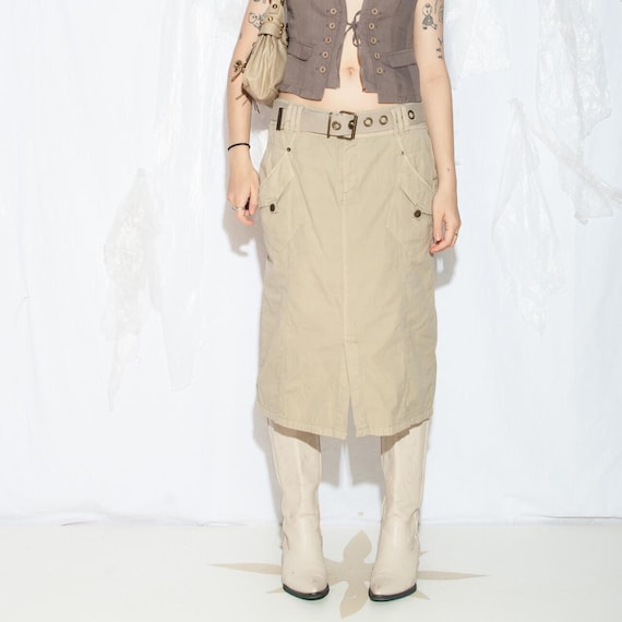 Vintage Y2K Cargo Skirt in Beige Cotton - 2000s Techno Cowboy Pocketed Midi - Gorpcore Aesthetic Apparel - Size XL