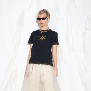 Reworked Vintage Y2K T-shirt in Gold and Black - 2000s Hand Printed Star Pattern Tee - Whimsigoth Style Cotton Top - Size M