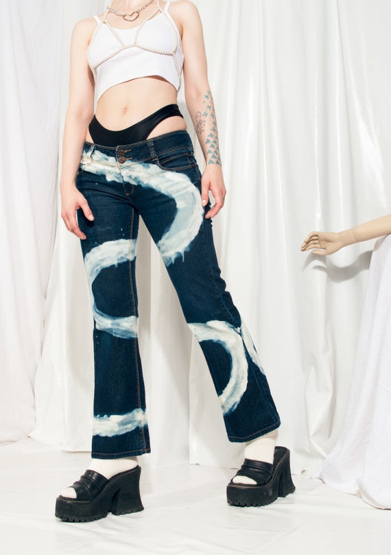 Reworked Vintage Flared Jeans Y2K Snake Pattern Denim Pants