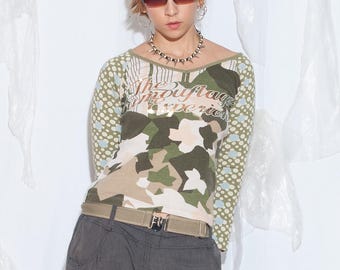 Vintage Y2K Khaki Camo Bomullstopp - Långärmad Grunge Graphic T-shirt - Storlek M