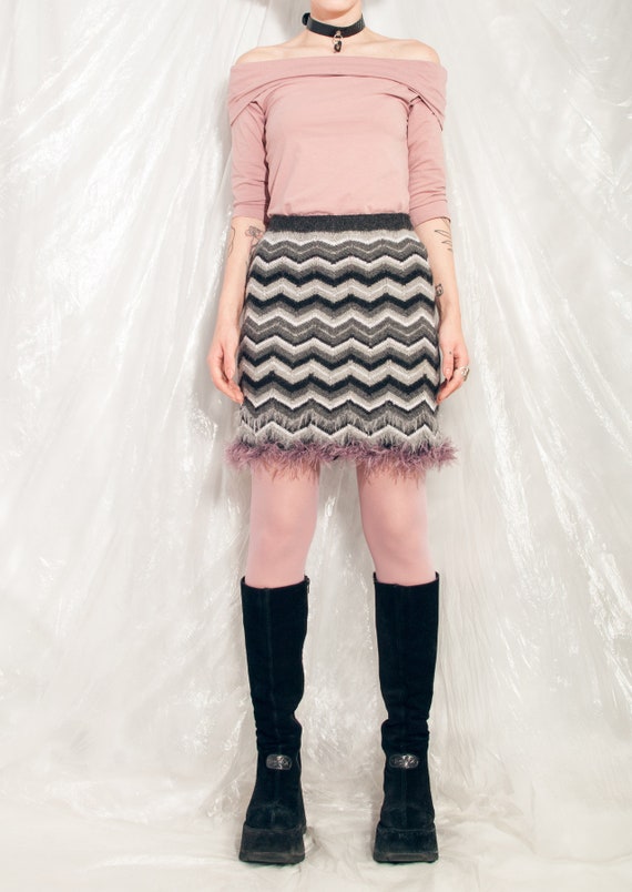 Vintage Knitted Skirt 90s Reworked Furry Zig Zag … - image 3