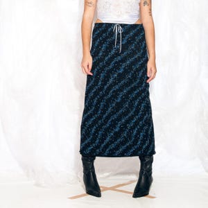 Vintage 90s Maxi Skirt in Whimsigoth Blue with Satin Bow 2000s Lettuce Hem Long Low Rise Skirt Large