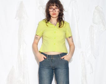 Vintage Y2K Slim Fit Blouse in Neon Green - 2000s Fitted Office Siren Top - Buttoned Shirt - Size M L