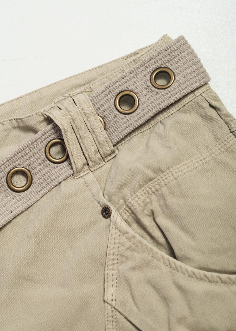 Spódnica cargo vintage Y2K z beżowej bawełny – kowbojski krój midi z kieszeniami w stylu techno z lat 2000. – Gorpcore Aesthetic Apparel – rozmiar XL zdjęcie 4
