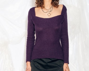 Vintage Y2K Knit Jumper in Purple Wool 2000s Egirl Aesthetic Soft Grunge Fitted Sweater Top Small