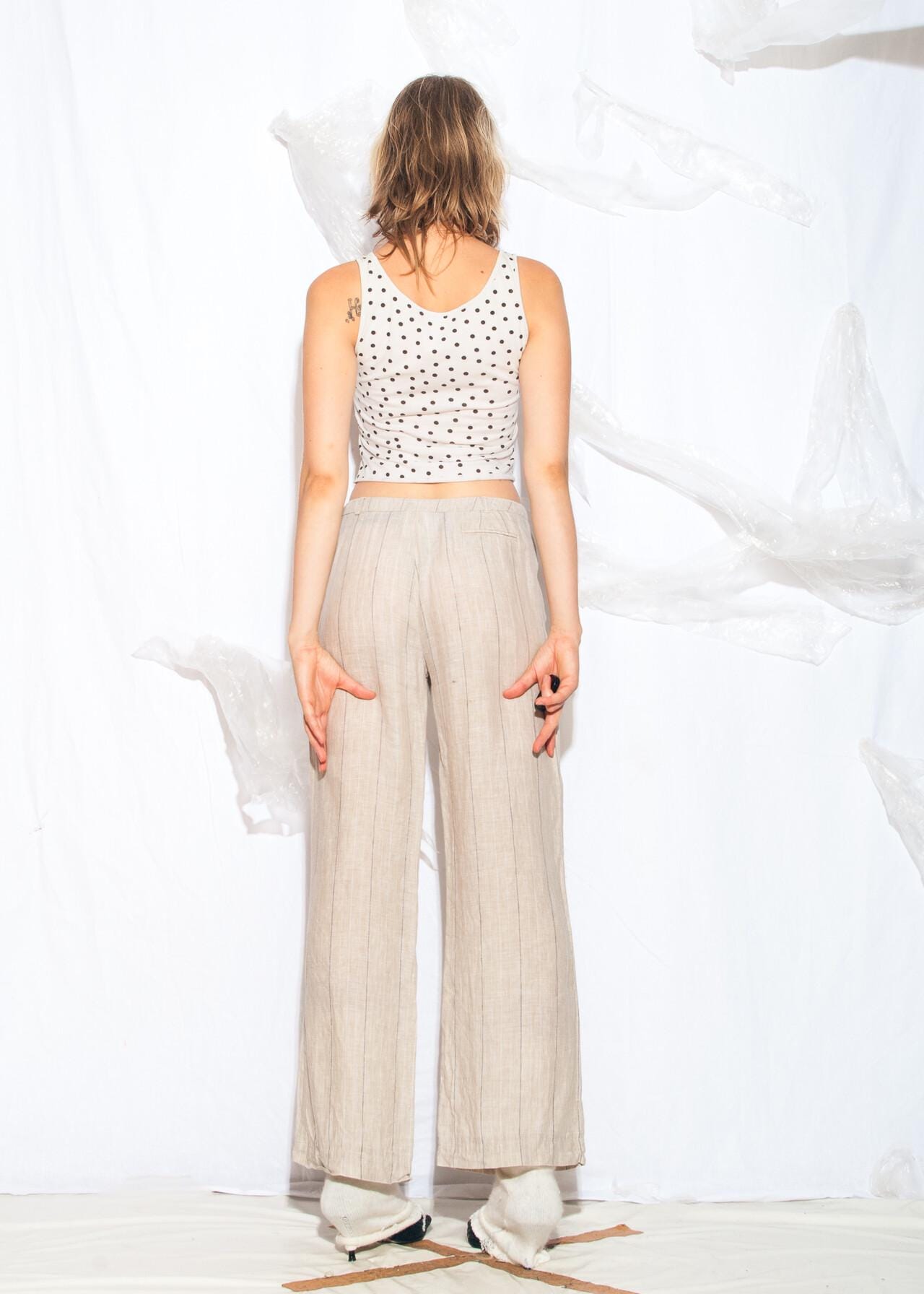 Vintage Y2K Wide-leg Trousers in Beige - 2000s Linen Flare