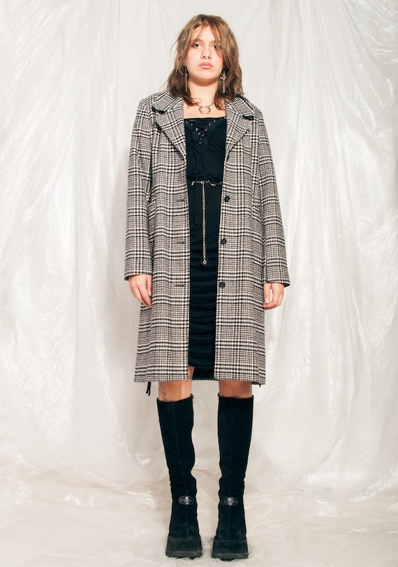 Vintage 90s Wool Midi Coat Geometric Print Light Grey Black 6 8
