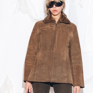 Vintage Y2K Leather Coat in Brown with Faux Fur Collar - 2000s Real Suede Jacket Penny Lane Whimsigoth Style - Size M