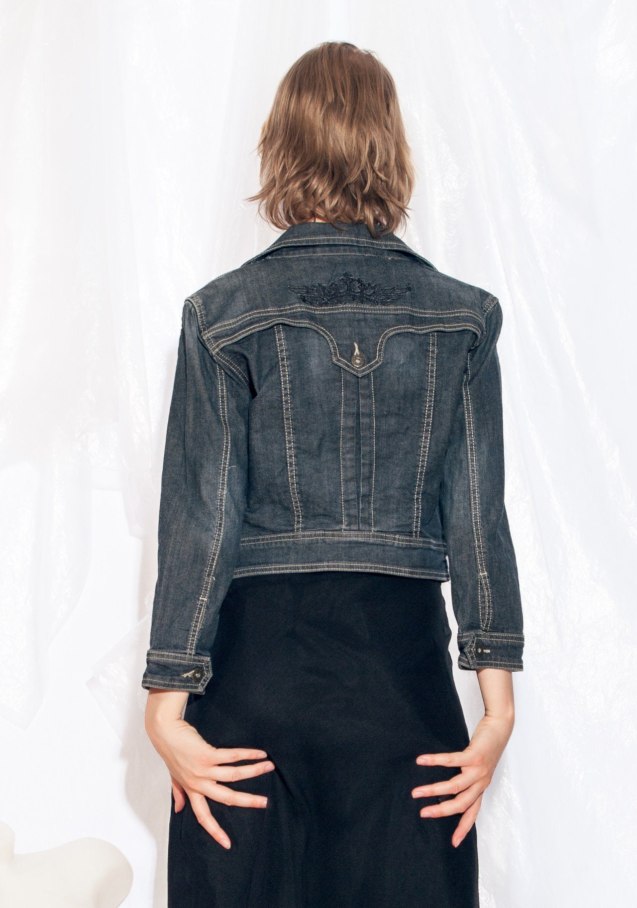 Vintage Y2K Fitted Denim Jacket in Dark Blue 2000s Zip Front Coat 
