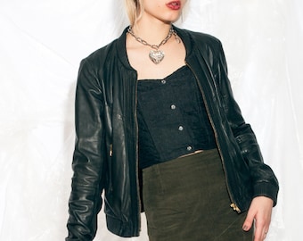 美品　real leather reversiable coat y2k Vintage Y2K Leather Coat in Black Matrix Style 2000s Real