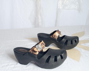 Vintage Y2K Scholl Black Platform Clogs - Plastic Floral Slip On Shoes - Size 37