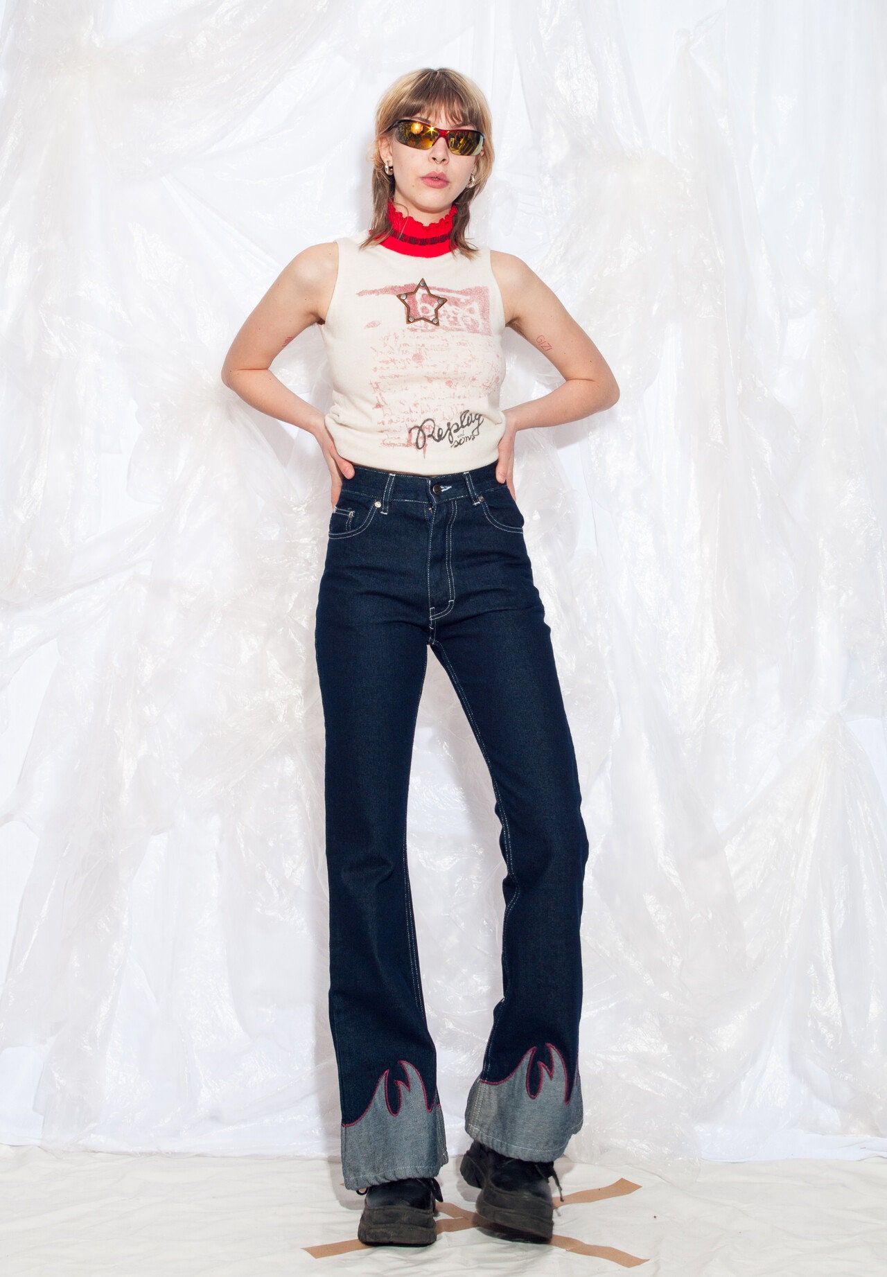 パンツ y2k archive race-up flare jeans gimmick Vintage Y2K Flare Jeans in Blue Flame UFO Jeans 2000s