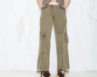 Vintage Y2K Cargo Jeans in Mud Green - 2000s Grunge Flare Pants