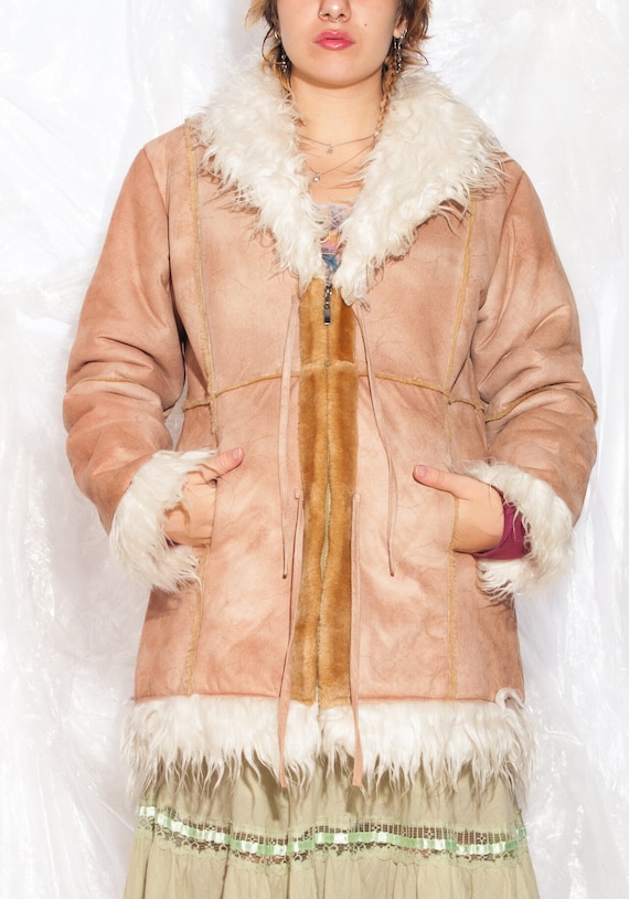 Vintage Y2K Coat in Brown Faux Shearling With Faux Fur Collar
